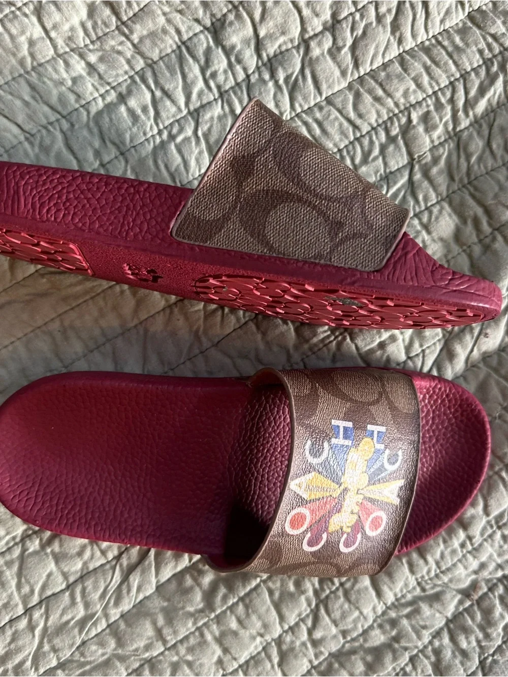 Coach Maroon Logo Monogram Slide Sandals with Multicolor Accents